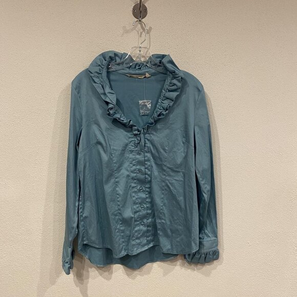 Soft Surroundings Boleyn Shirt Womens Medium Blue Ruffle Collar Button Front Top - Picture 2 of 5